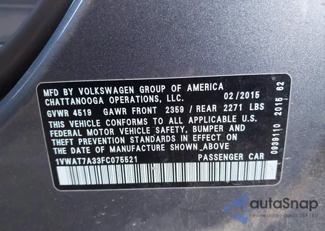 2015 Volkswagen Passat 1.8T Limited Edition из США, поврежденный, VIN 1VWAT7A33FC075521